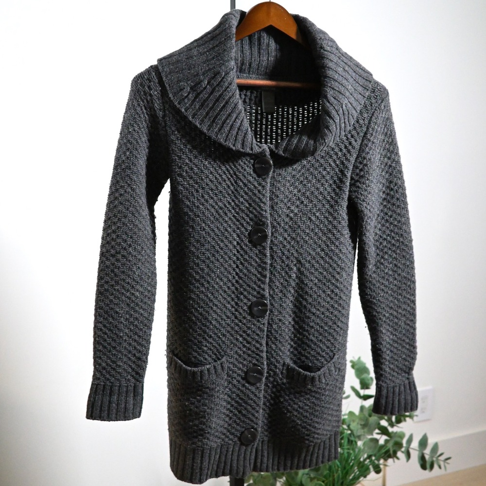 Kenneth Cole Reaction Womens Charcoal Gray Wool Blend Shawl Collar Cardigan M